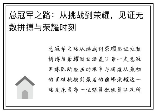 总冠军之路：从挑战到荣耀，见证无数拼搏与荣耀时刻